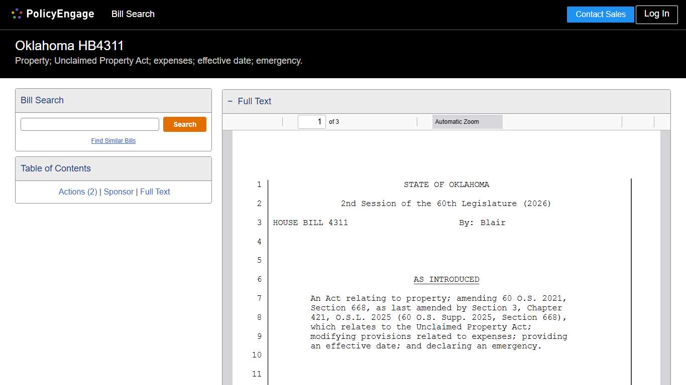 HB4311 Oklahoma 2026 Property; Unclaimed Property Act; expenses; effective date; emergency. - Legislative Tracking PolicyEngage